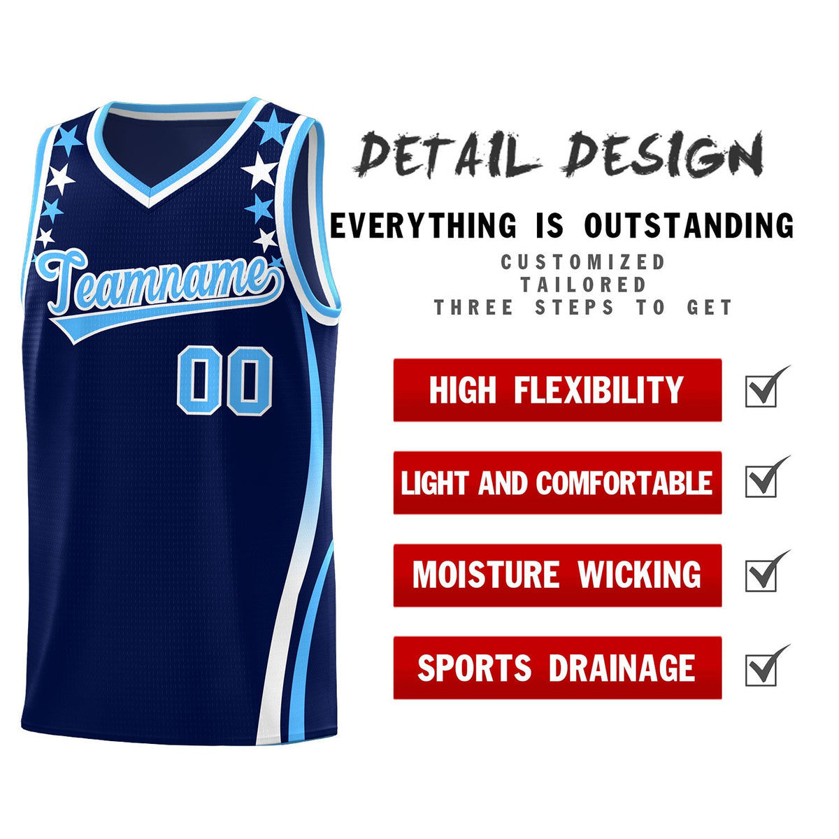 Custom Navy Shoulders Star Pattern Side Color Block Sports Uniform Basketball Jersey|KXKSHOP
