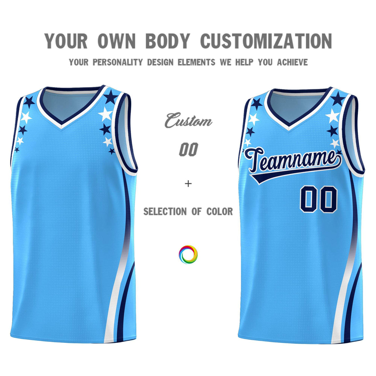 Custom Light Blue Shoulders Star Pattern Side Color Block Sports Uniform Basketball Jersey|KXKSHOP
