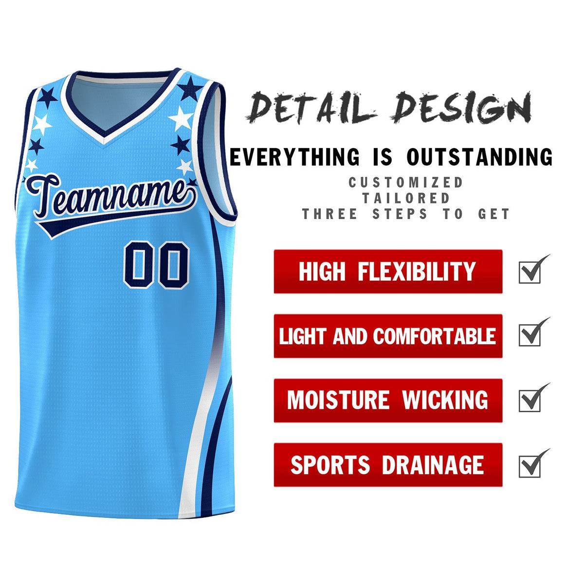 Custom Light Blue Shoulders Star Pattern Side Color Block Sports Uniform Basketball Jersey|KXKSHOP