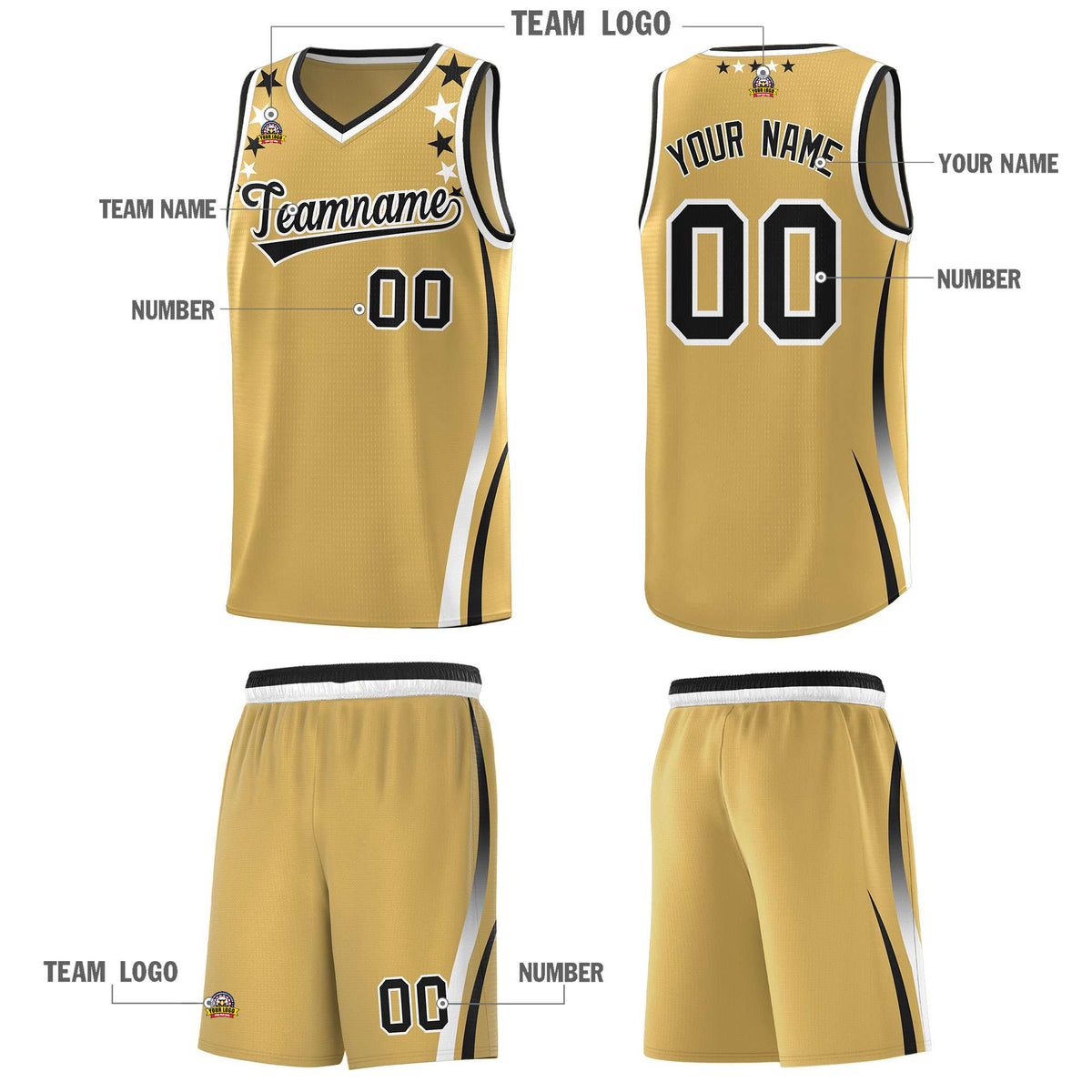 Custom Old Gold Shoulders Star Pattern Side Color Block Sports Uniform Basketball Jersey|KXKSHOP