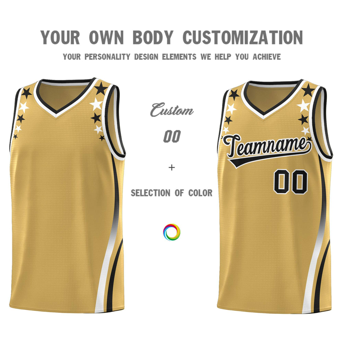 Custom Old Gold Shoulders Star Pattern Side Color Block Sports Uniform Basketball Jersey|KXKSHOP