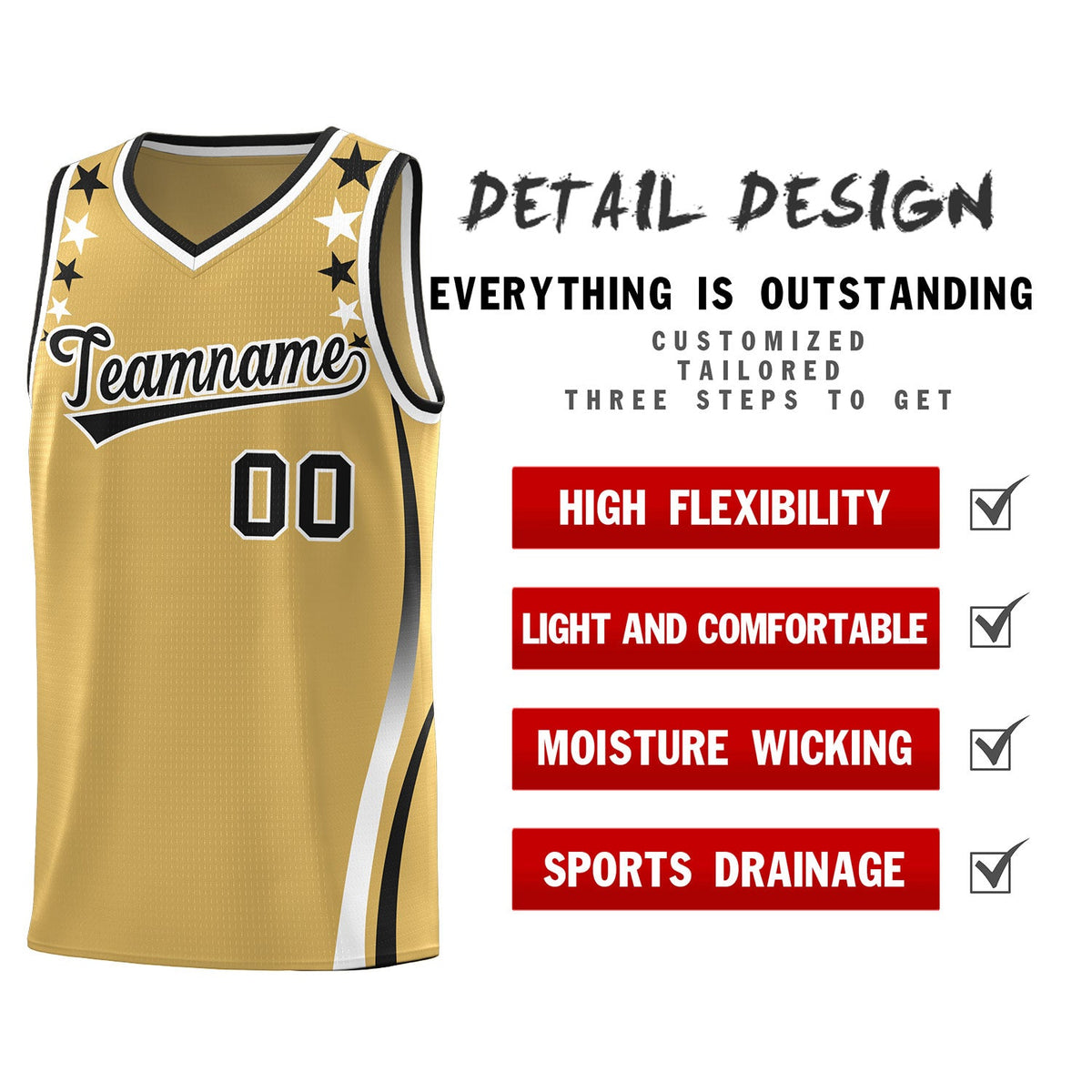 Custom Old Gold Shoulders Star Pattern Side Color Block Sports Uniform Basketball Jersey|KXKSHOP