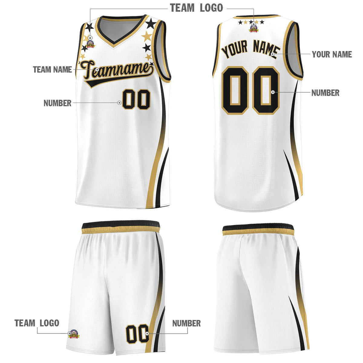 Custom White Shoulders Star Pattern Side Color Block Sports Uniform Basketball Jersey|KXKSHOP