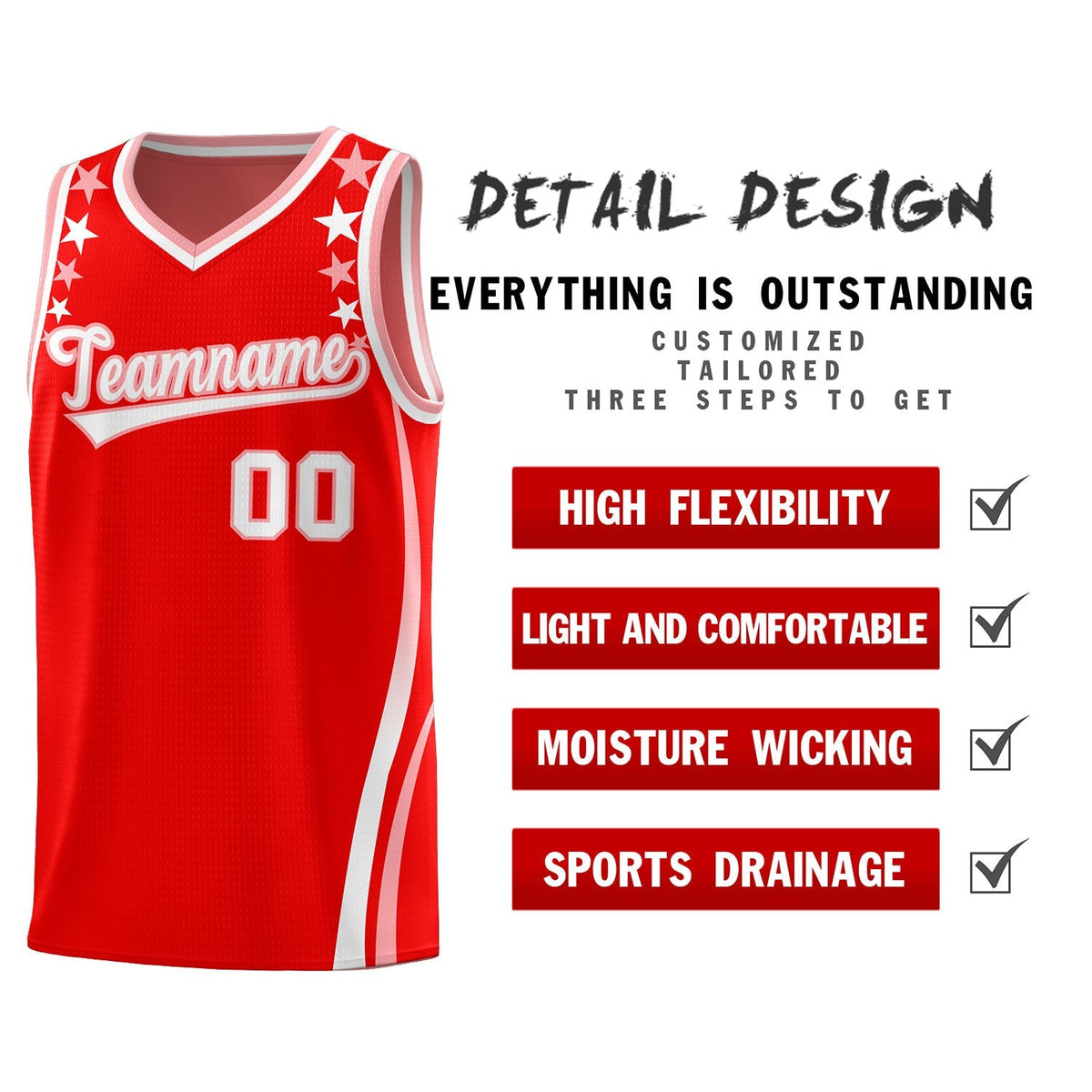 Custom Red Shoulders Star Pattern Side Color Block Sports Uniform Basketball Jersey|KXKSHOP