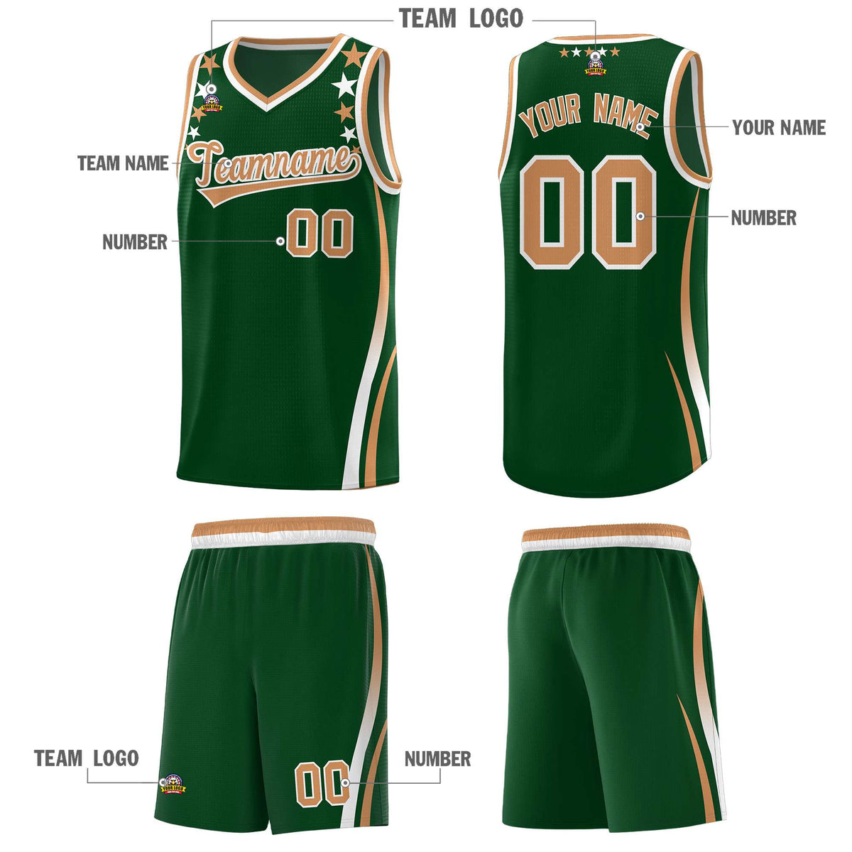 Custom Green Shoulders Star Pattern Side Color Block Sports Uniform Basketball Jersey|KXKSHOP