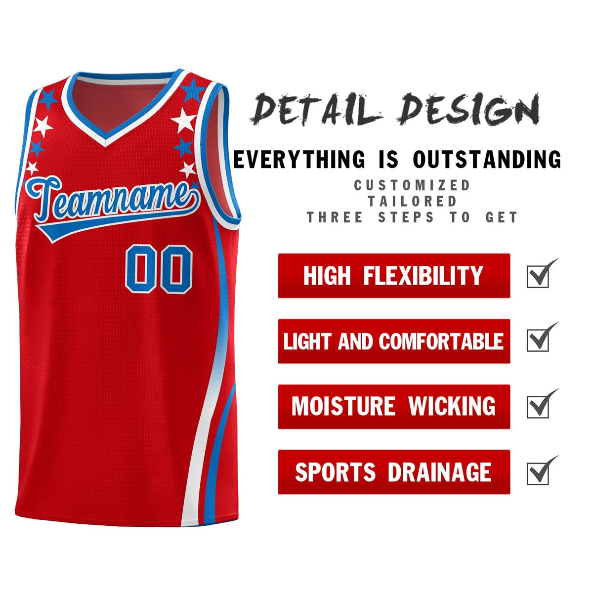 Custom Red Shoulders Star Pattern Side Color Block Sports Uniform Basketball Jersey|KXKSHOP