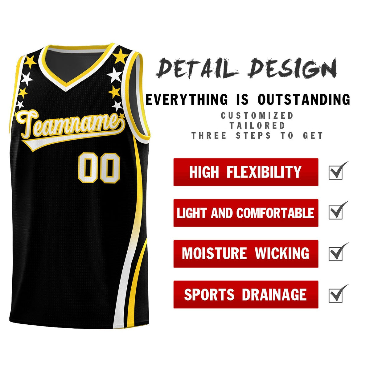 Custom Black Shoulders Star Pattern Side Color Block Sports Uniform Basketball Jersey|KXKSHOP