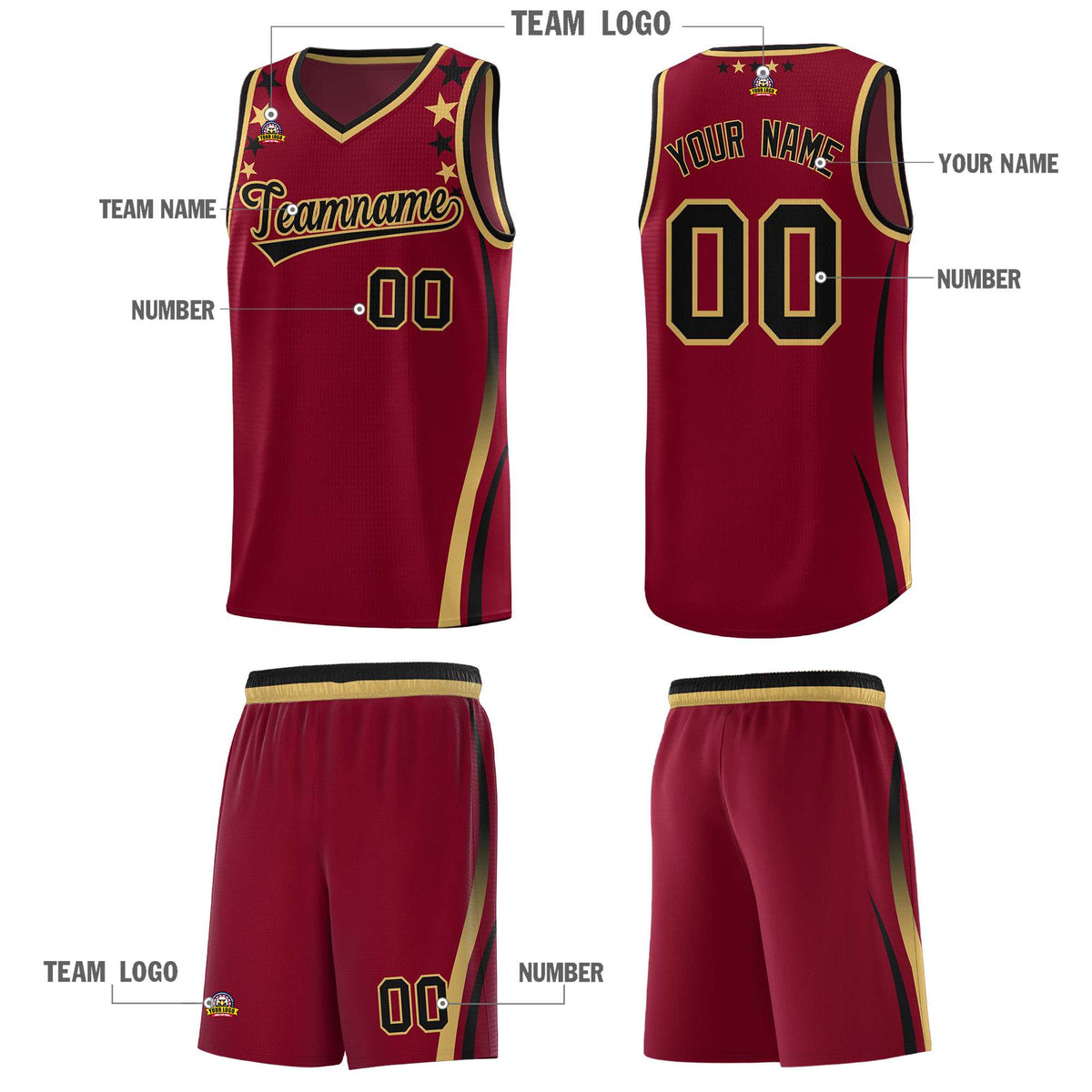 Custom Crimson Shoulders Star Pattern Side Color Block Sports Uniform Basketball Jersey|KXKSHOP
