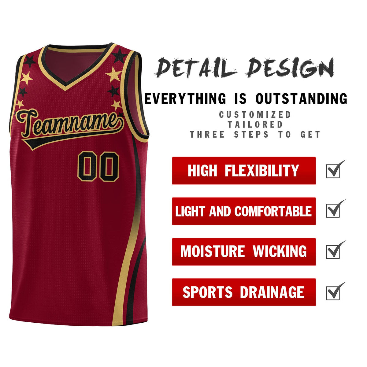 Custom Crimson Shoulders Star Pattern Side Color Block Sports Uniform Basketball Jersey|KXKSHOP