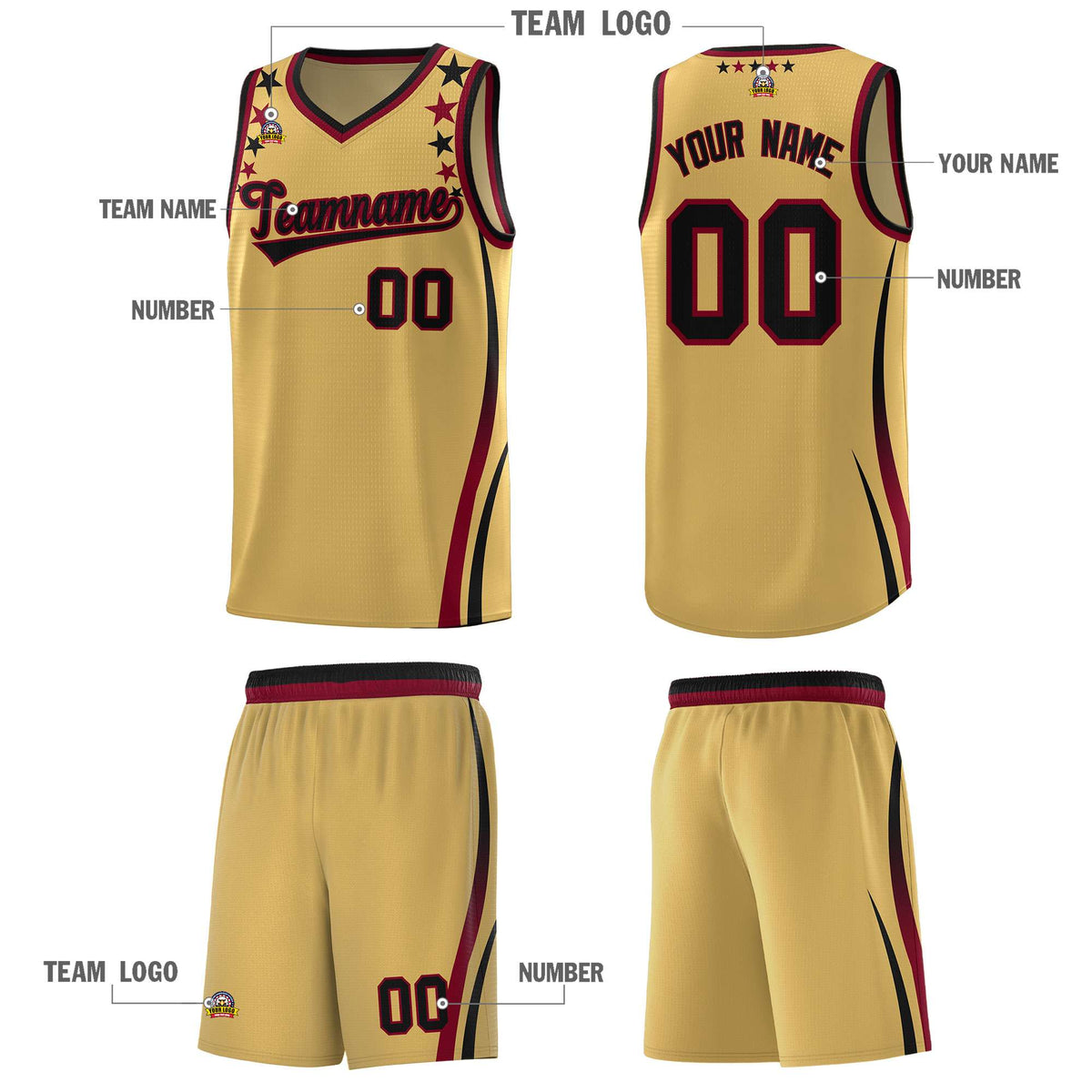 Custom Old Gold Shoulders Star Pattern Side Color Block Sports Uniform Basketball Jersey|KXKSHOP