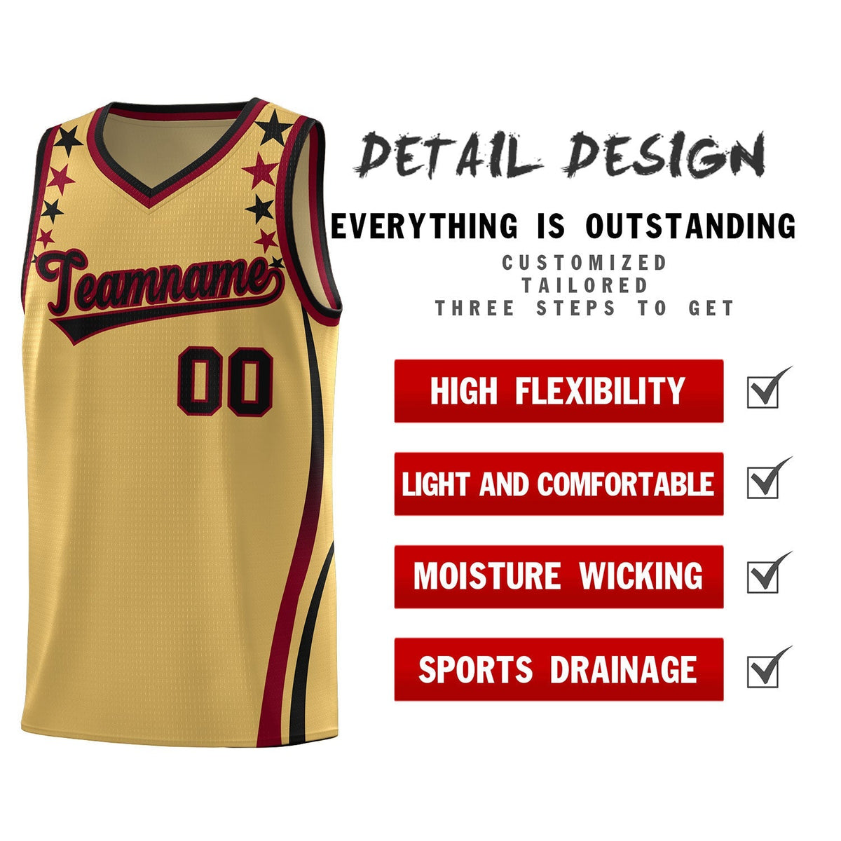 Custom Old Gold Shoulders Star Pattern Side Color Block Sports Uniform Basketball Jersey|KXKSHOP