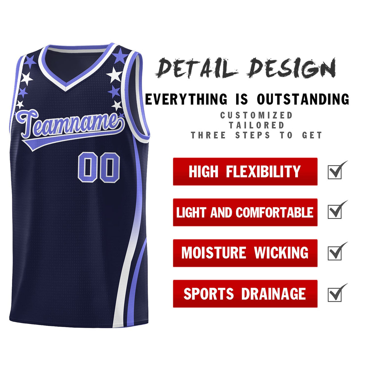 Custom Navy Shoulders Star Pattern Side Color Block Sports Uniform Basketball Jersey|KXKSHOP