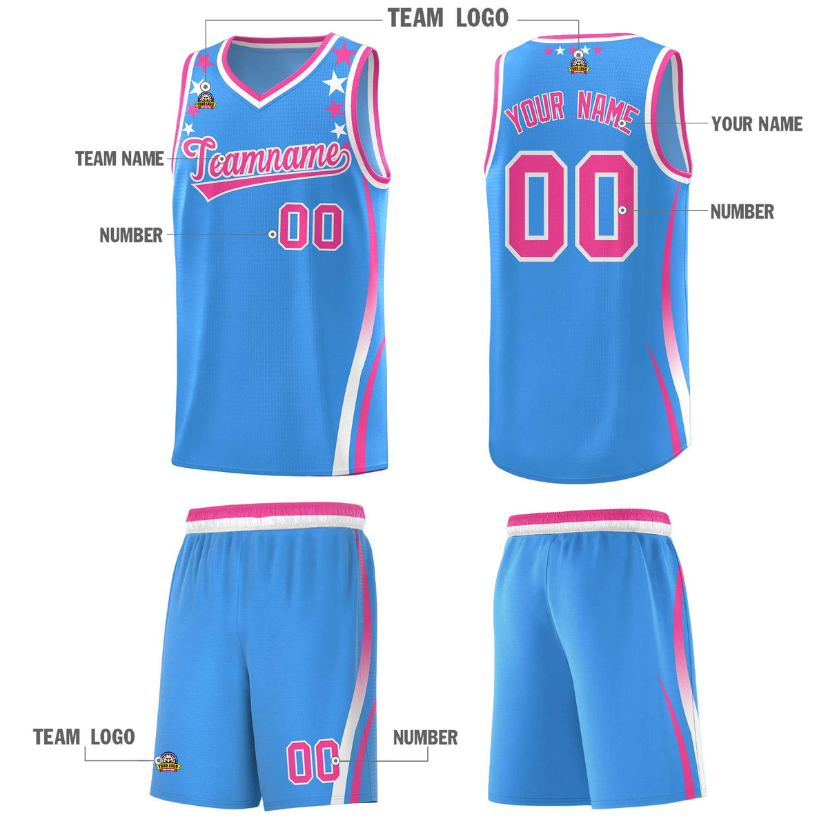 Custom Light Blue Shoulders Star Pattern Side Color Block Sports Uniform Basketball Jersey|KXKSHOP
