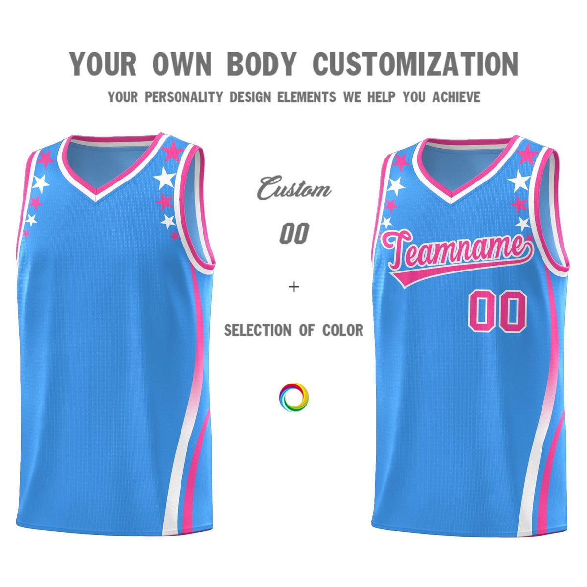Custom Light Blue Shoulders Star Pattern Side Color Block Sports Uniform Basketball Jersey|KXKSHOP