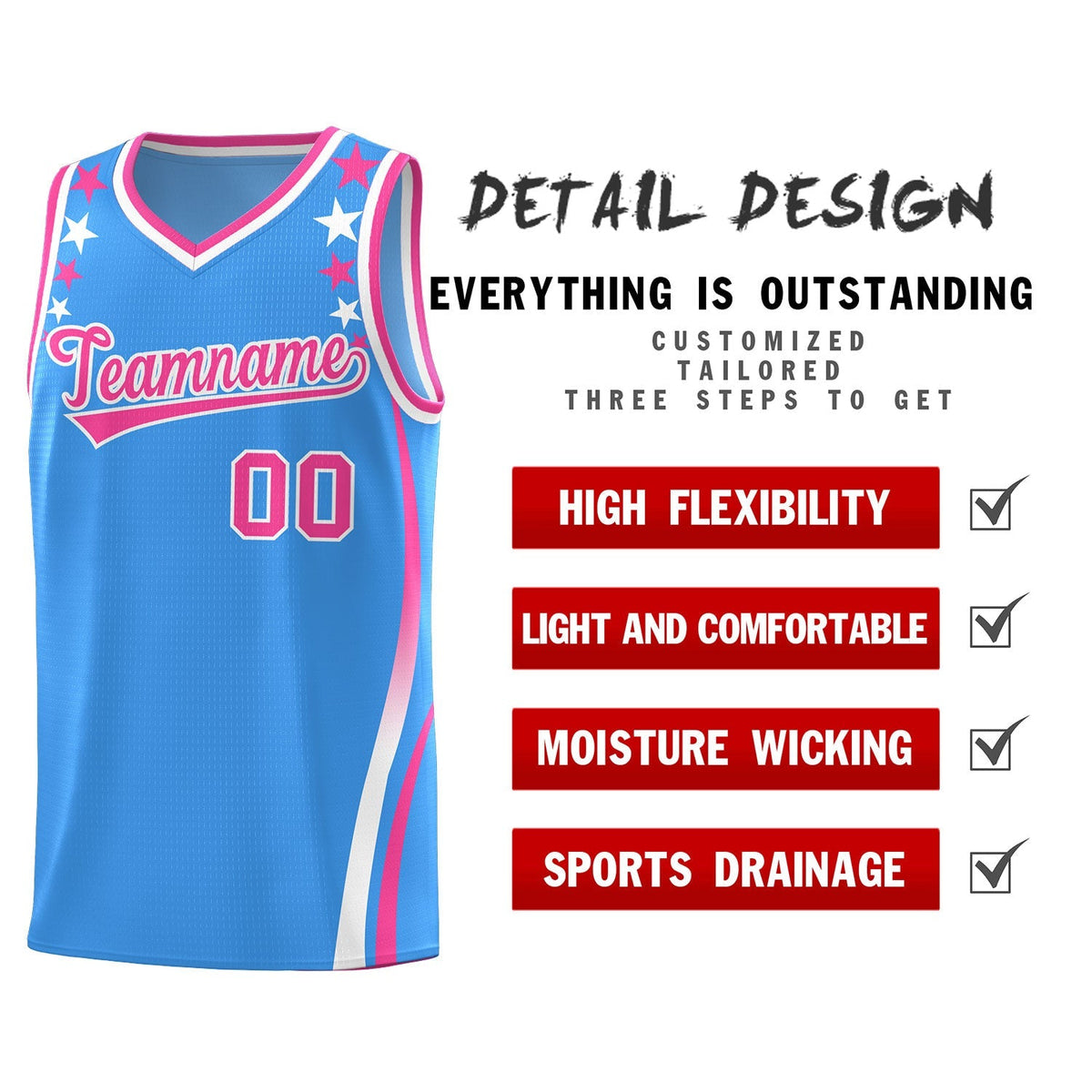 Custom Light Blue Shoulders Star Pattern Side Color Block Sports Uniform Basketball Jersey|KXKSHOP