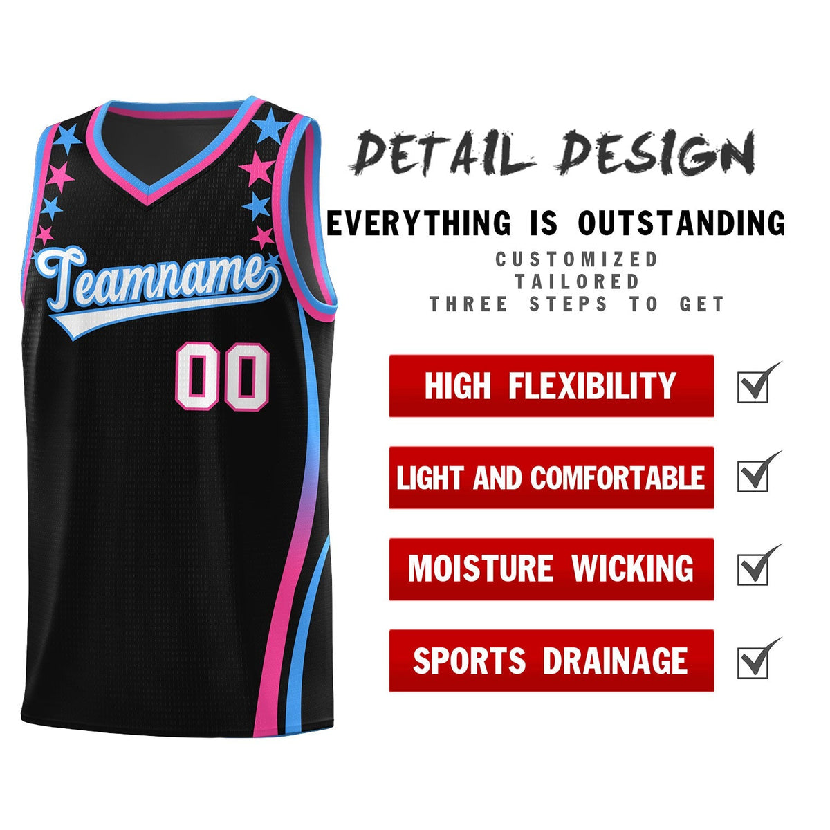 Custom Black Shoulders Star Pattern Side Color Block Sports Uniform Basketball Jersey|KXKSHOP