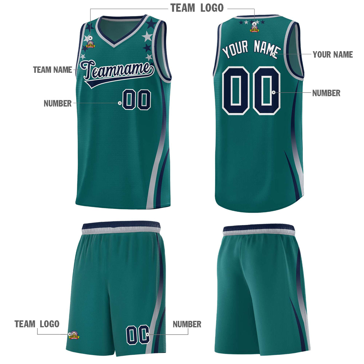Custom Aqua Shoulders Star Pattern Side Color Block Sports Uniform Basketball Jersey|KXKSHOP