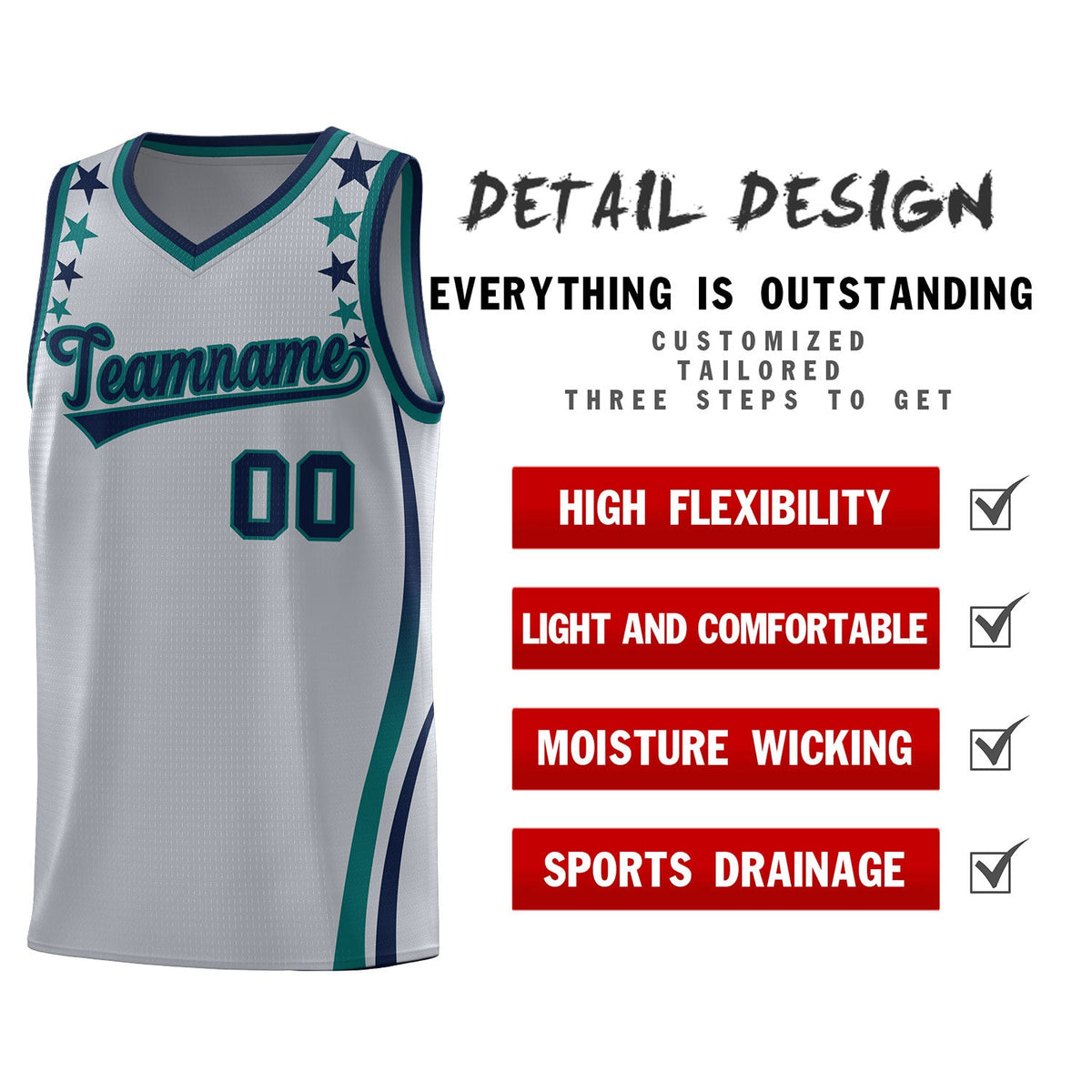 Custom Gray Shoulders Star Pattern Side Color Block Sports Uniform Basketball Jersey|KXKSHOP