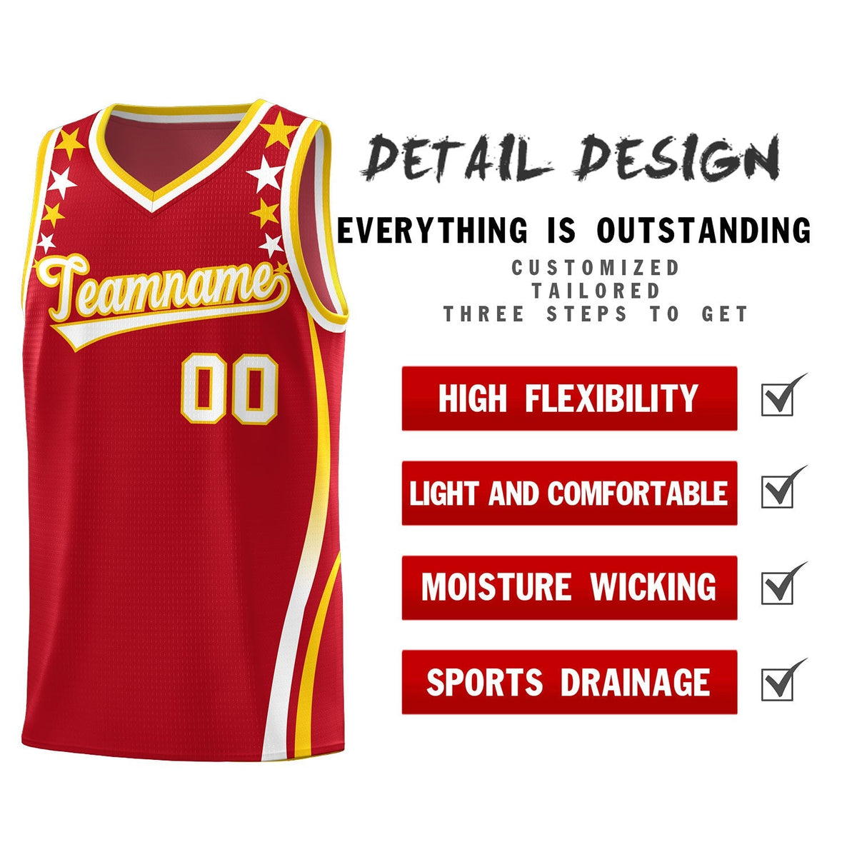 Custom Red Shoulders Star Pattern Side Color Block Sports Uniform Basketball Jersey|KXKSHOP