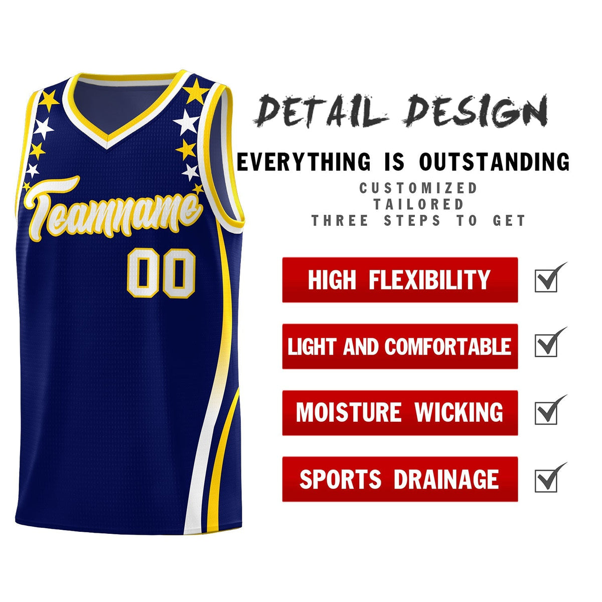 Custom Navy Shoulders Star Pattern Side Color Block Sports Uniform Basketball Jersey|KXKSHOP