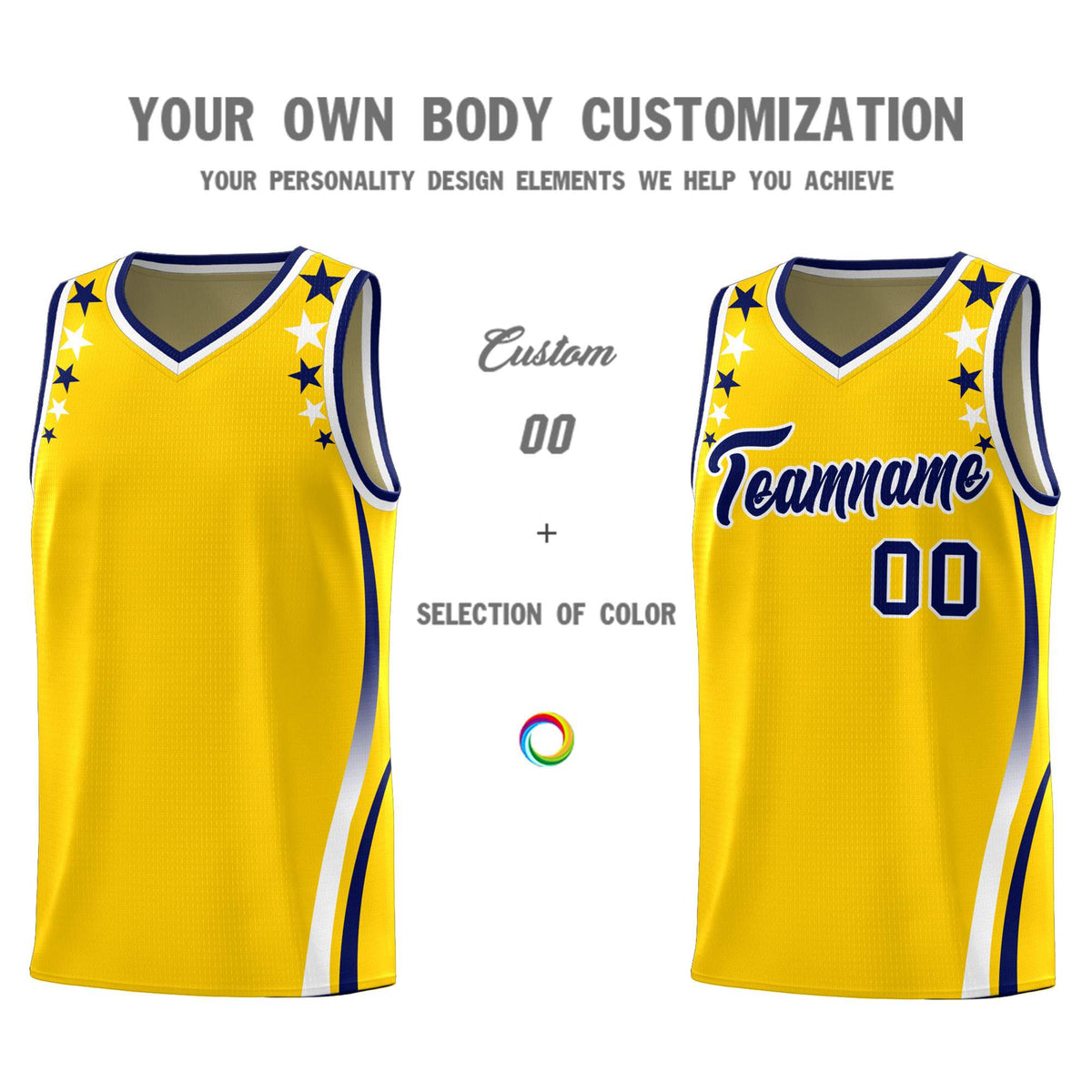 Custom Gold Shoulders Star Pattern Side Color Block Sports Uniform Basketball Jersey|KXKSHOP