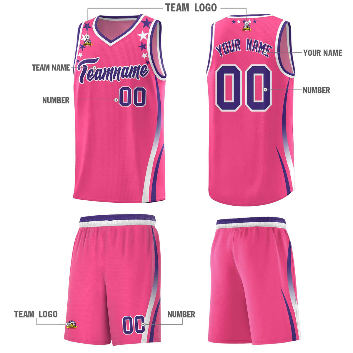 Custom Pink Shoulders Star Pattern Side Color Block Sports Uniform Basketball Jersey|KXKSHOP