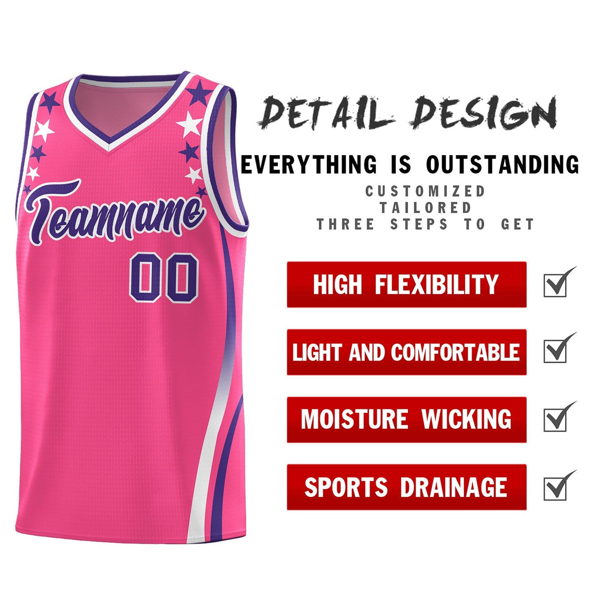 Custom Pink Shoulders Star Pattern Side Color Block Sports Uniform Basketball Jersey|KXKSHOP