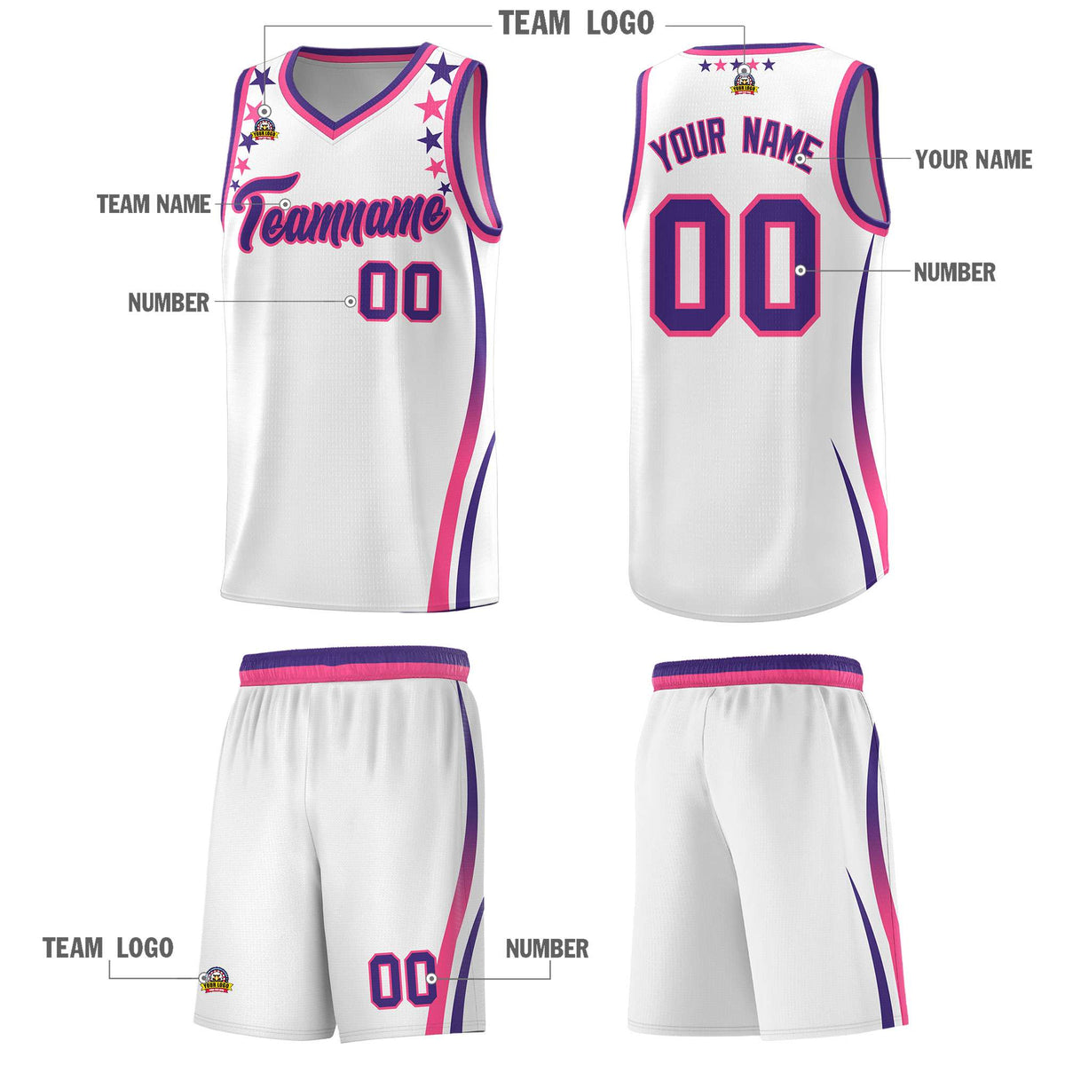 Custom White Shoulders Star Pattern Side Color Block Sports Uniform Basketball Jersey|KXKSHOP
