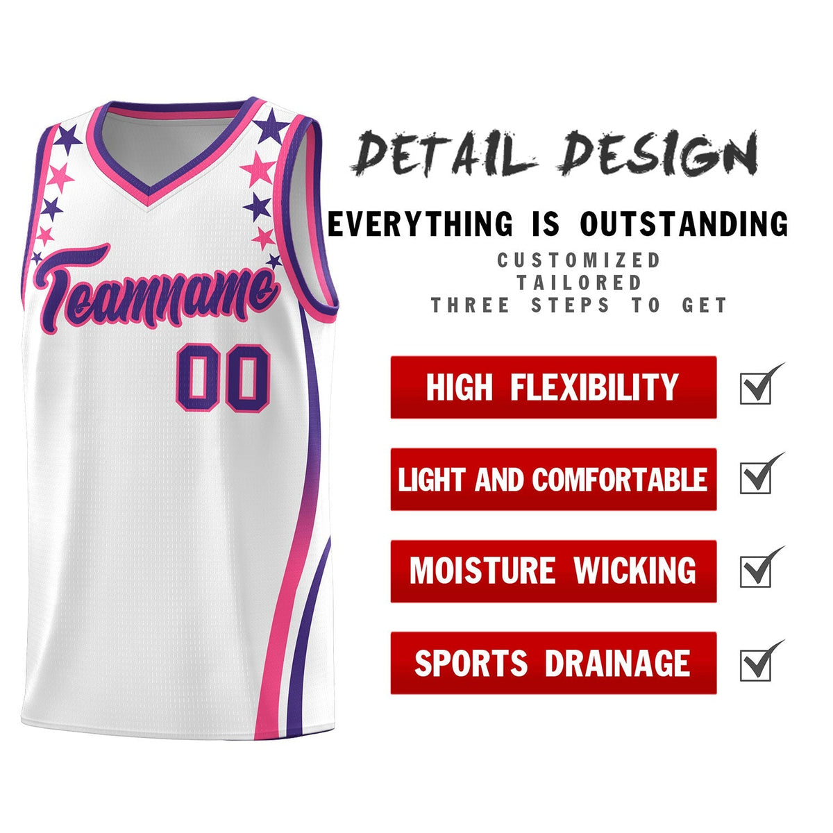 Custom White Shoulders Star Pattern Side Color Block Sports Uniform Basketball Jersey|KXKSHOP