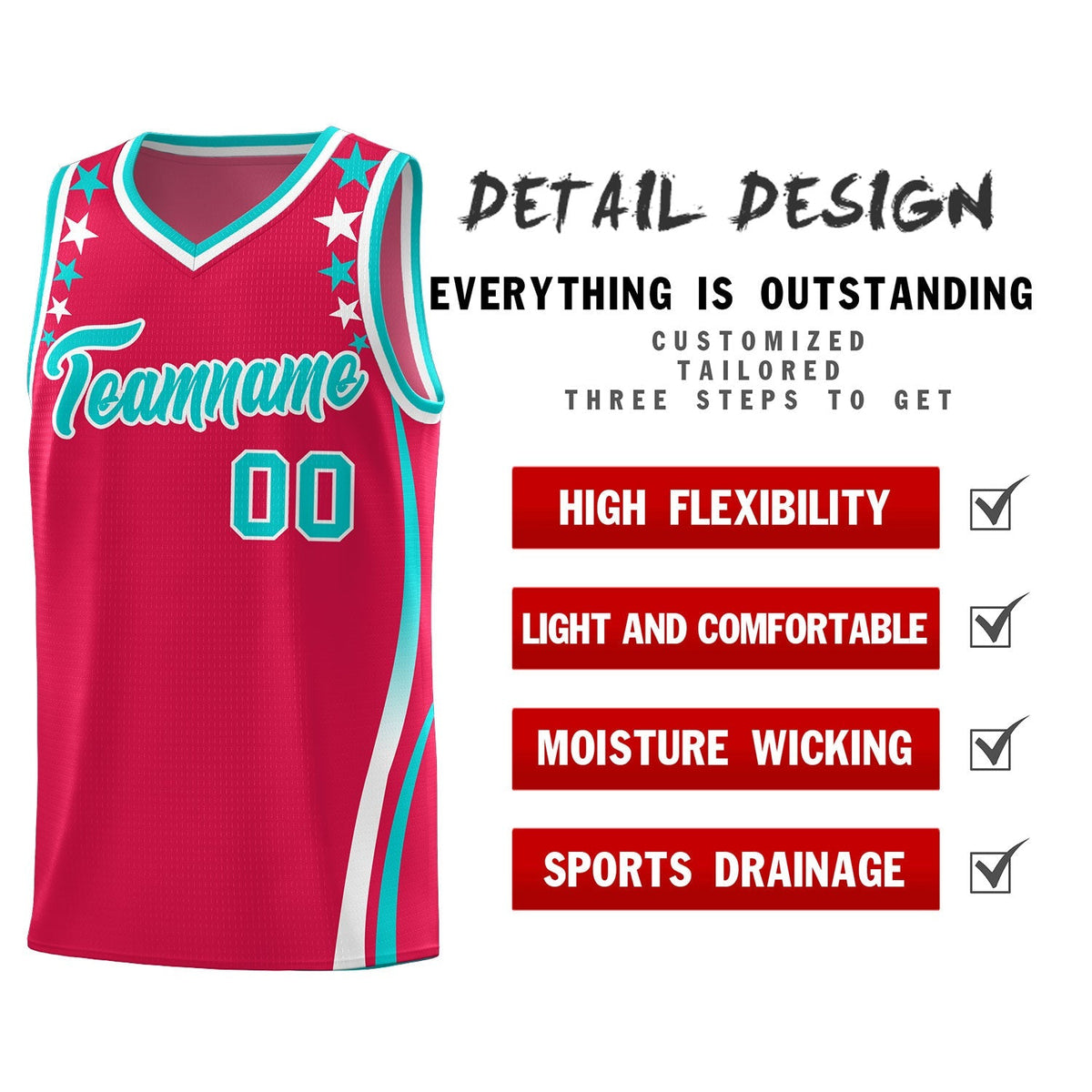 Custom Red Shoulders Star Pattern Side Color Block Sports Uniform Basketball Jersey|KXKSHOP