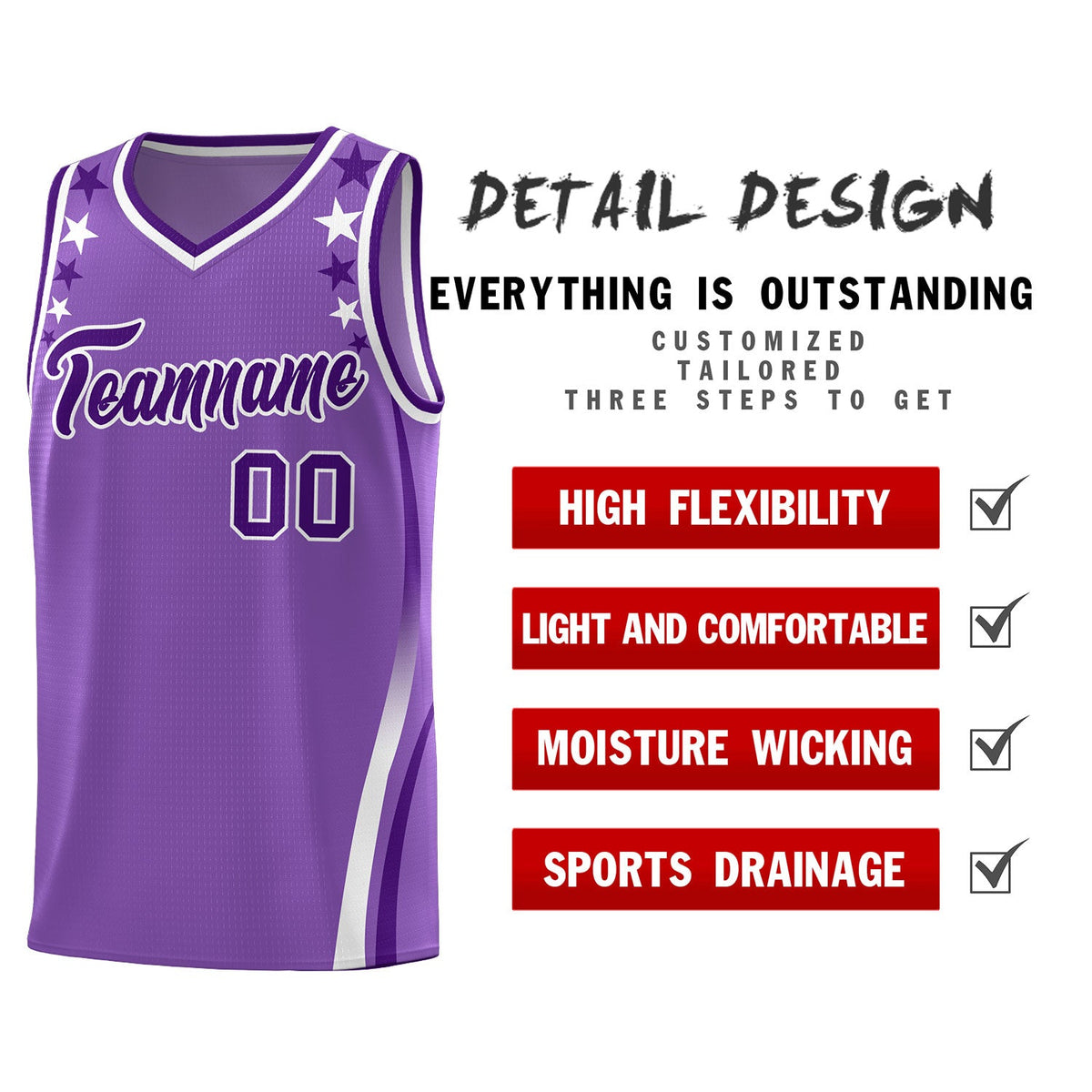 Custom Light Purple Shoulders Star Pattern Side Color Block Sports Uniform Basketball Jersey|KXKSHOP