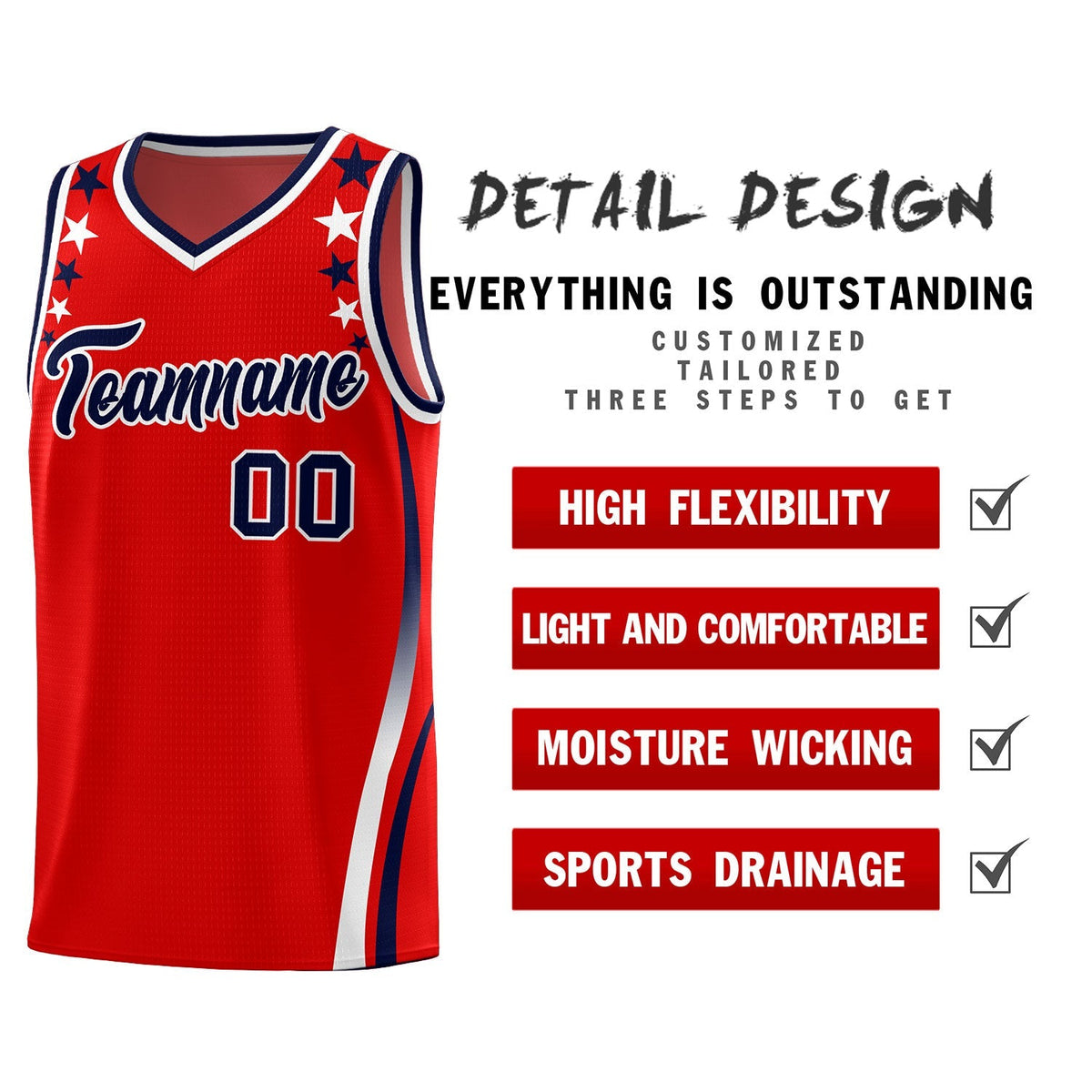 Custom Red Shoulders Star Pattern Side Color Block Sports Uniform Basketball Jersey|KXKSHOP