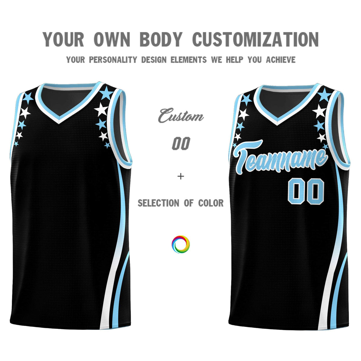 Custom Black Shoulders Star Pattern Side Color Block Sports Uniform Basketball Jersey|KXKSHOP