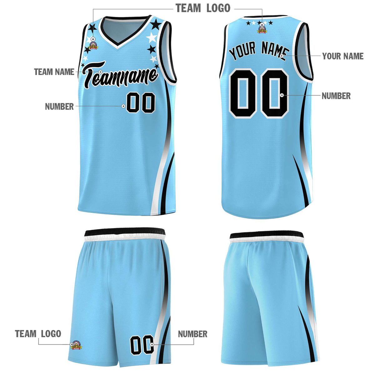 Custom Light Blue Shoulders Star Pattern Side Color Block Sports Uniform Basketball Jersey|KXKSHOP