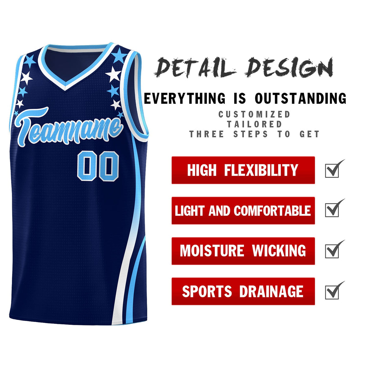 Custom Navy Shoulders Star Pattern Side Color Block Sports Uniform Basketball Jersey|KXKSHOP