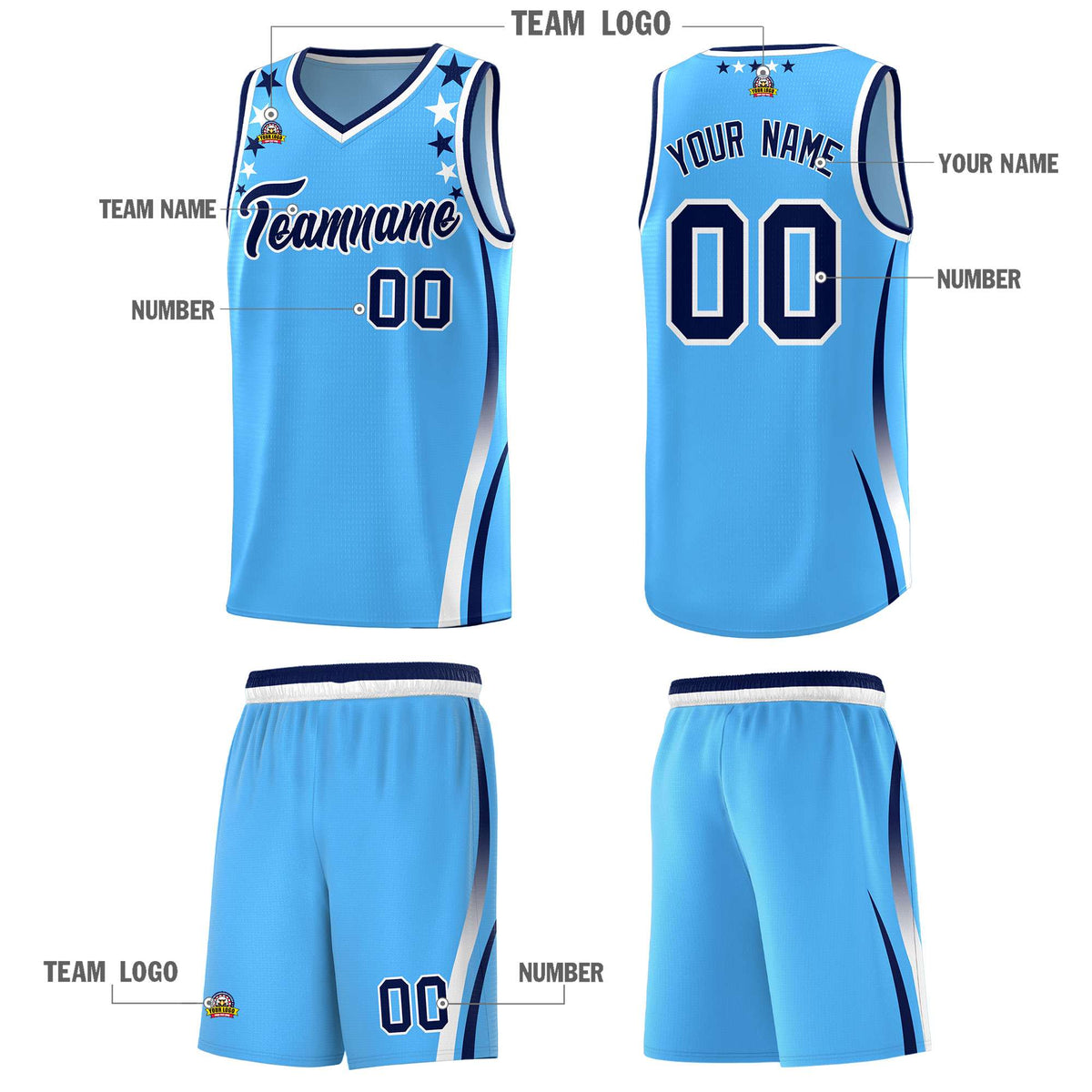 Custom Light Blue Shoulders Star Pattern Side Color Block Sports Uniform Basketball Jersey|KXKSHOP