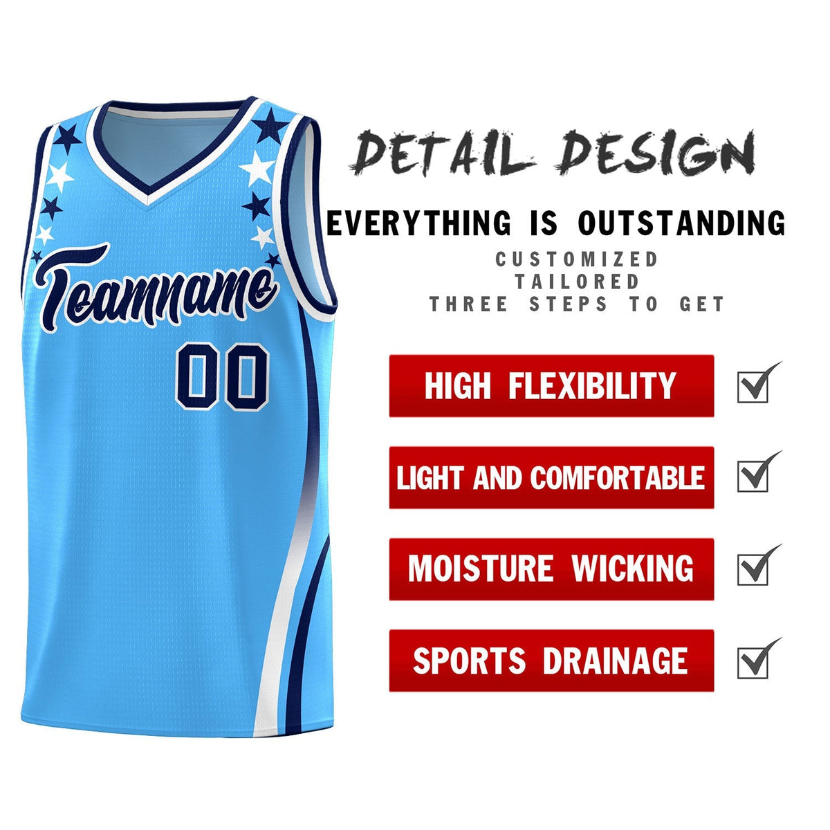 Custom Light Blue Shoulders Star Pattern Side Color Block Sports Uniform Basketball Jersey|KXKSHOP