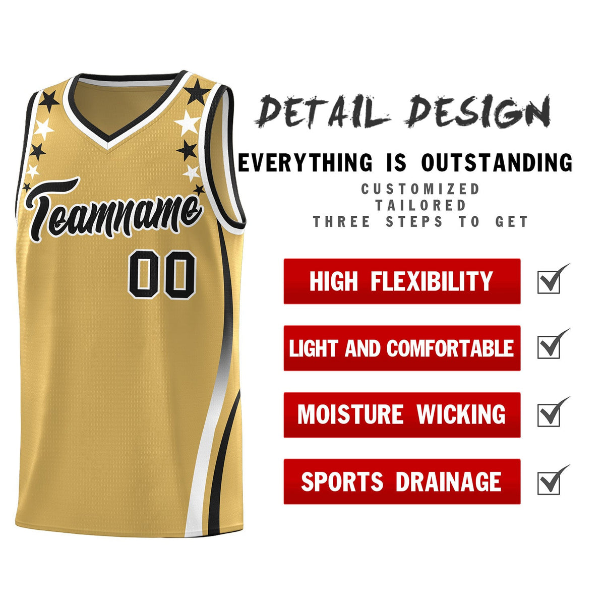 Custom Old Gold Shoulders Star Pattern Side Color Block Sports Uniform Basketball Jersey|KXKSHOP