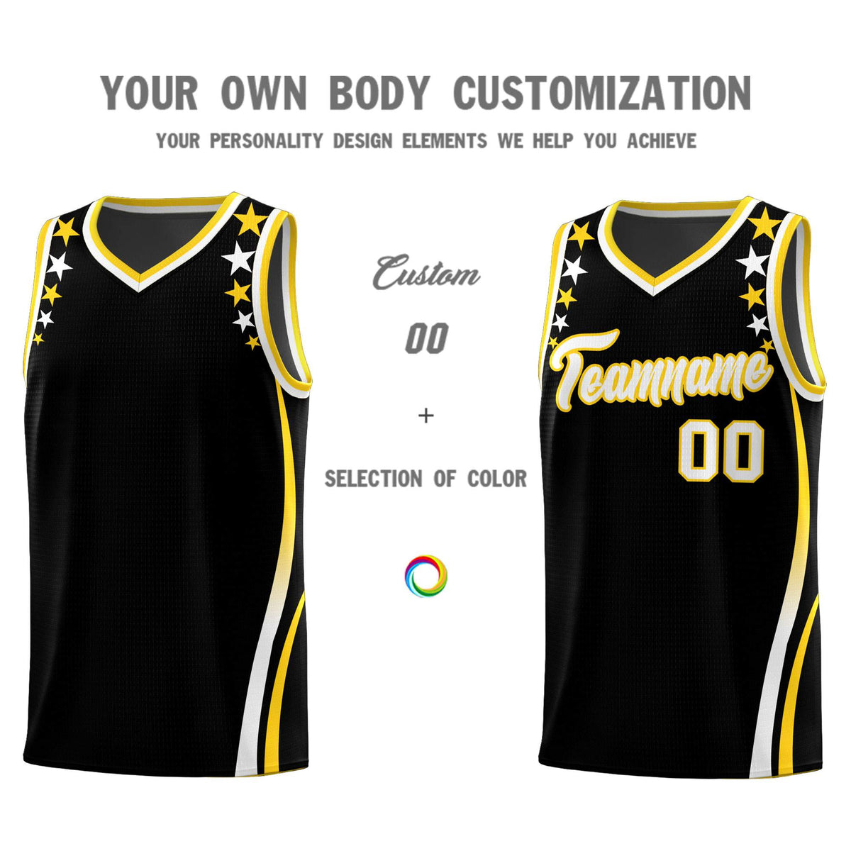 Custom Black Shoulders Star Pattern Side Color Block Sports Uniform Basketball Jersey|KXKSHOP