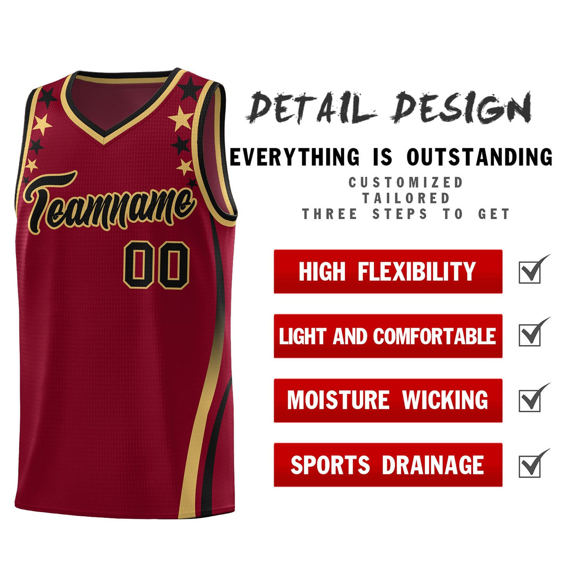 Custom Crimson Shoulders Star Pattern Side Color Block Sports Uniform Basketball Jersey|KXKSHOP