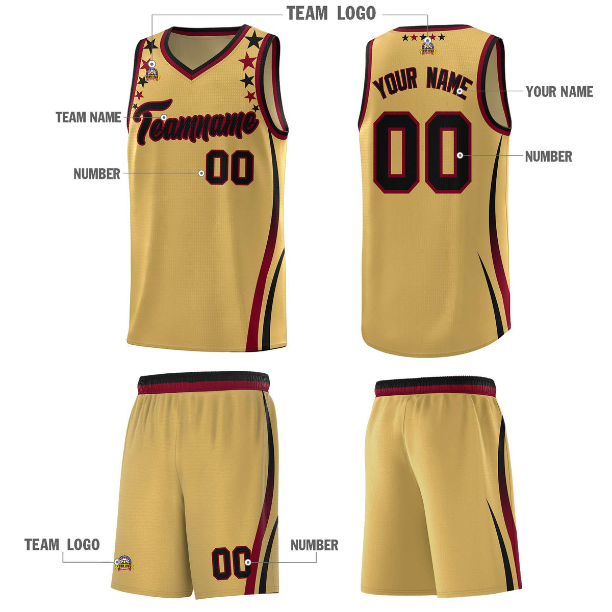 Custom Old Gold Shoulders Star Pattern Side Color Block Sports Uniform Basketball Jersey|KXKSHOP
