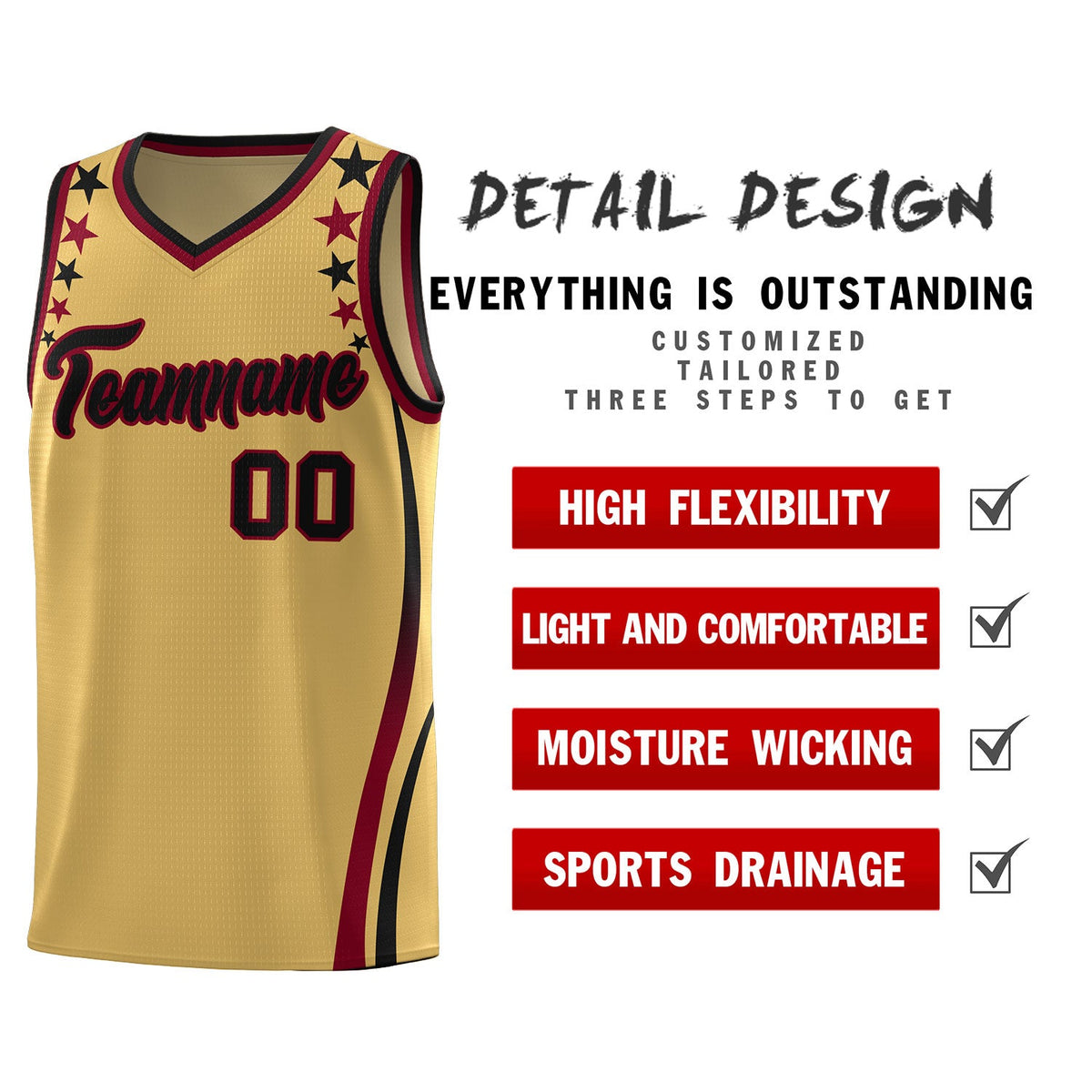 Custom Old Gold Shoulders Star Pattern Side Color Block Sports Uniform Basketball Jersey|KXKSHOP