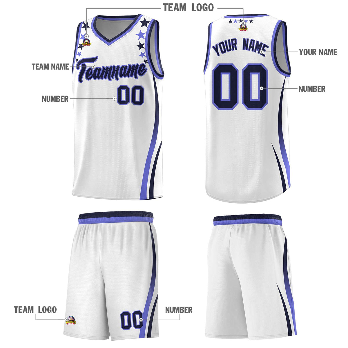 Custom White Shoulders Star Pattern Side Color Block Sports Uniform Basketball Jersey|KXKSHOP