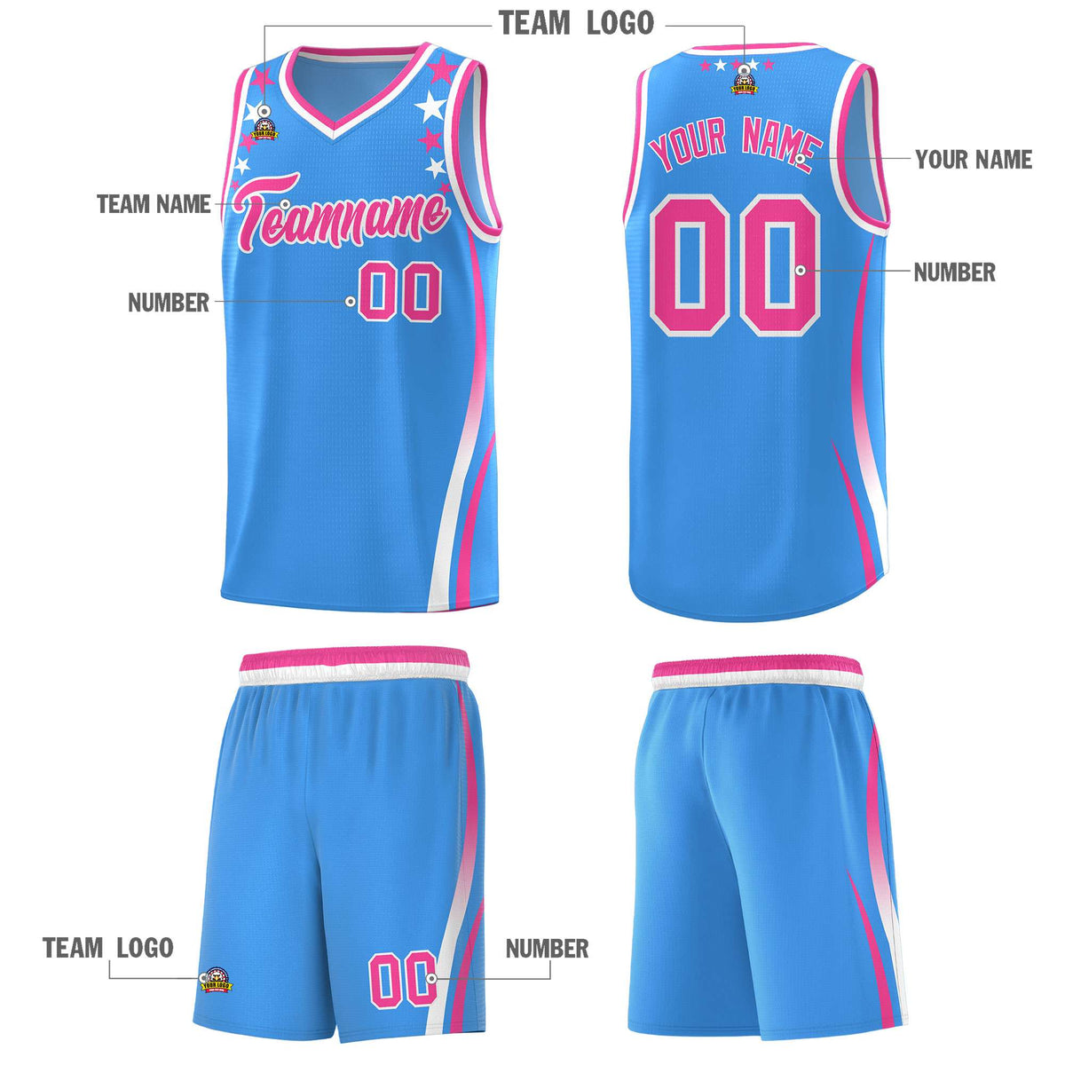 Custom Light Blue Shoulders Star Pattern Side Color Block Sports Uniform Basketball Jersey|KXKSHOP