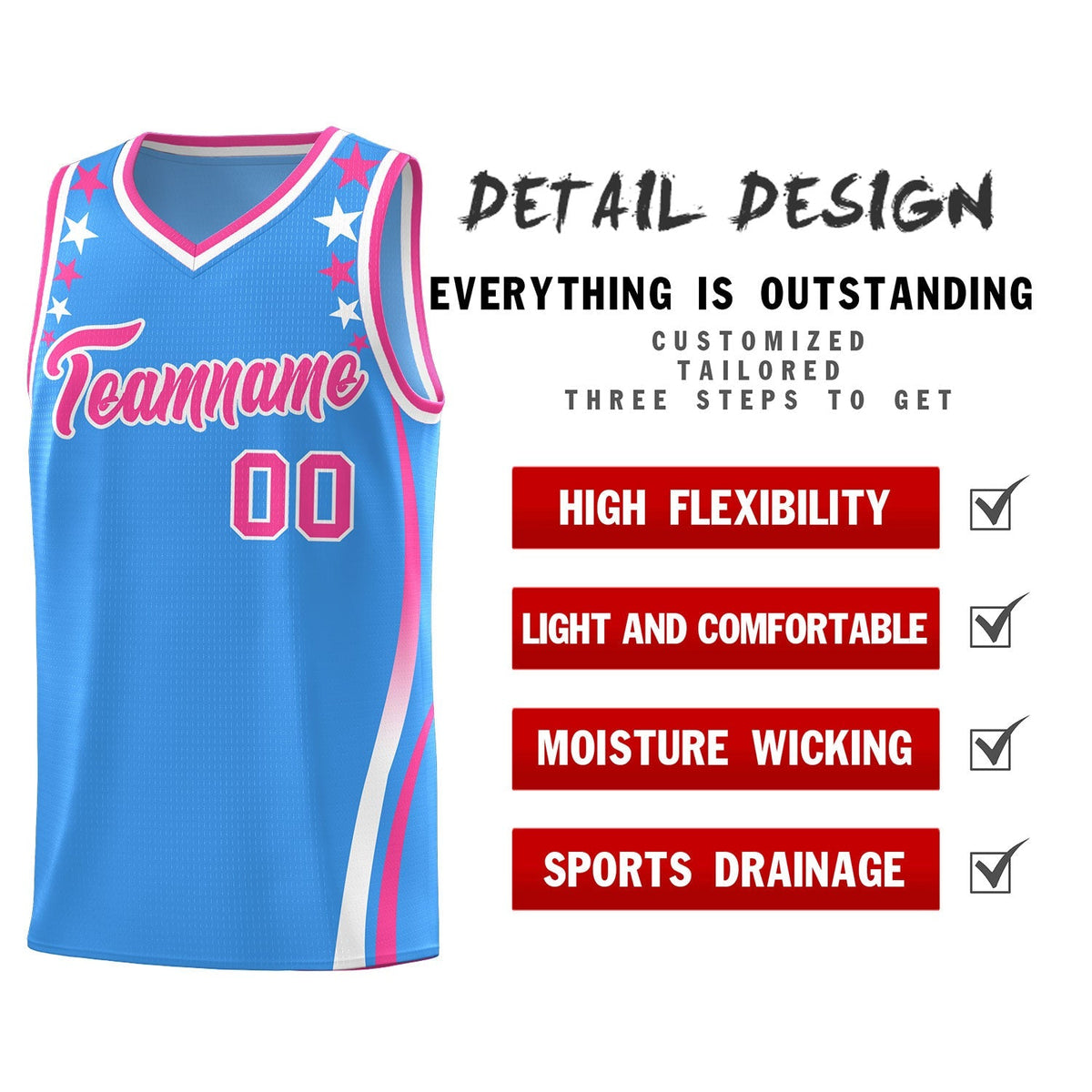 Custom Light Blue Shoulders Star Pattern Side Color Block Sports Uniform Basketball Jersey|KXKSHOP