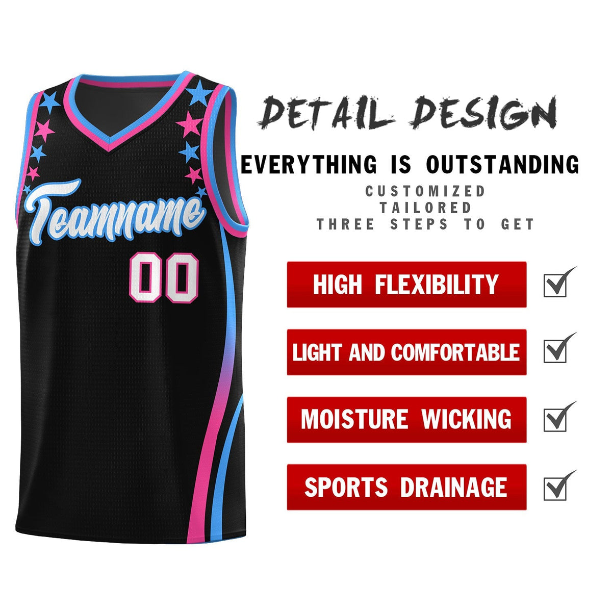 Custom Black Shoulders Star Pattern Side Color Block Sports Uniform Basketball Jersey|KXKSHOP