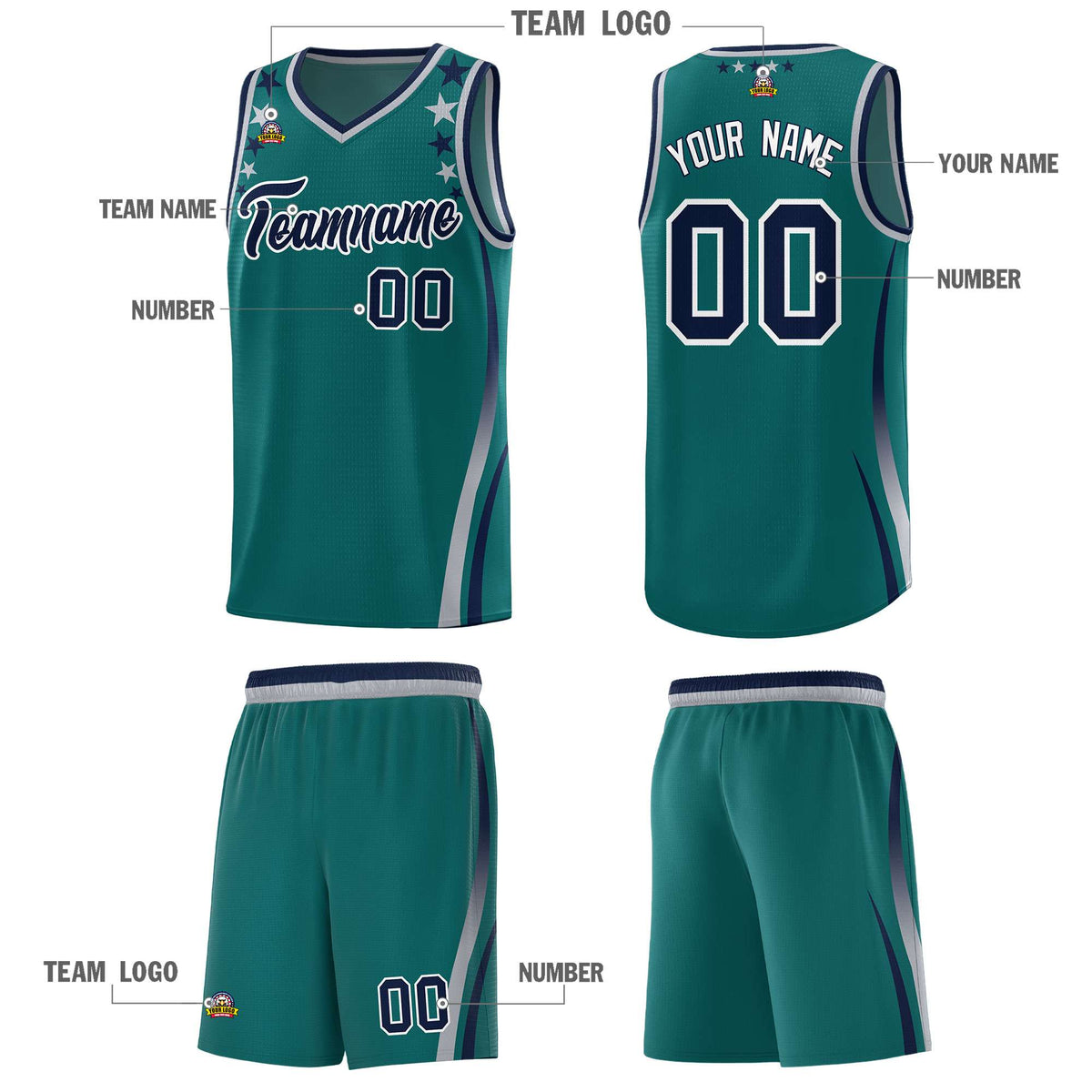 Custom Aqua Shoulders Star Pattern Side Color Block Sports Uniform Basketball Jersey|KXKSHOP