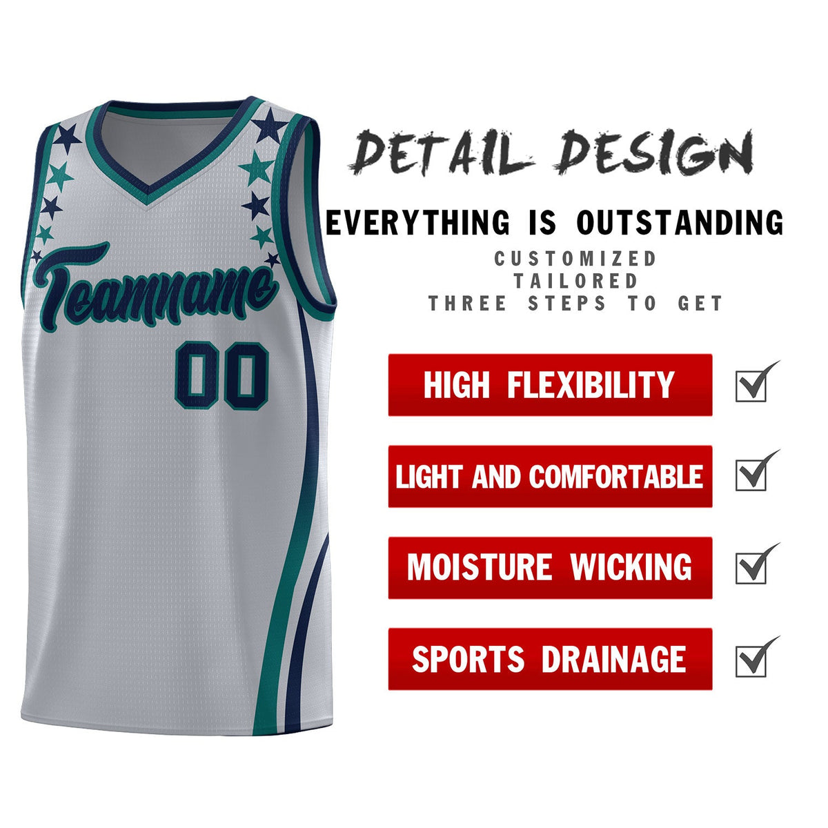 Custom Gray Shoulders Star Pattern Side Color Block Sports Uniform Basketball Jersey|KXKSHOP