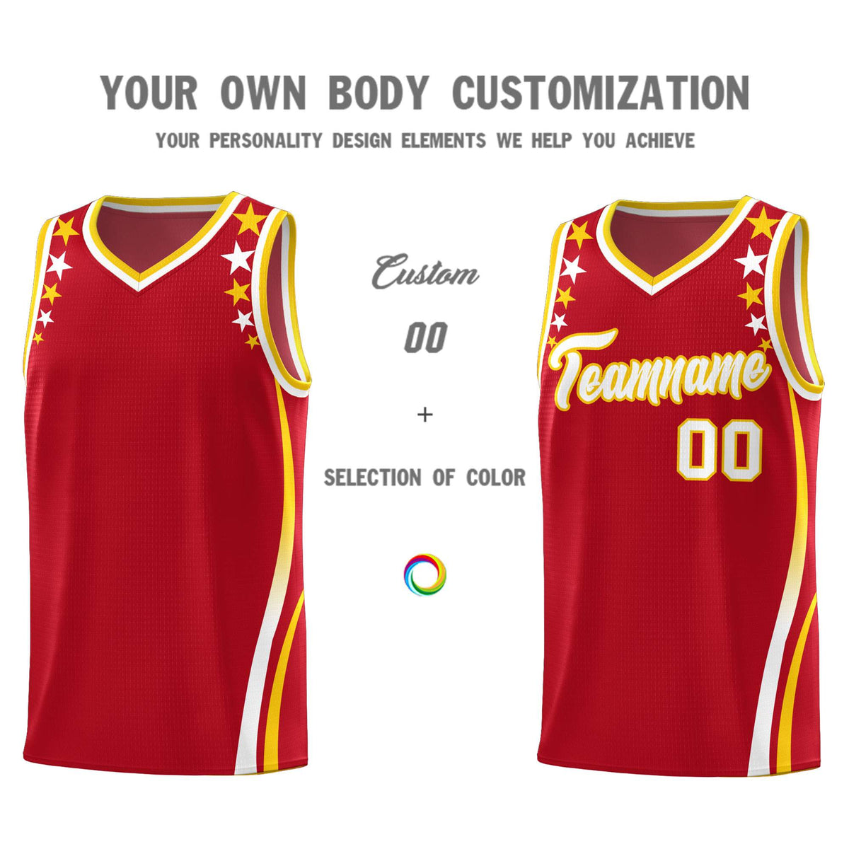 Custom Red Shoulders Star Pattern Side Color Block Sports Uniform Basketball Jersey|KXKSHOP