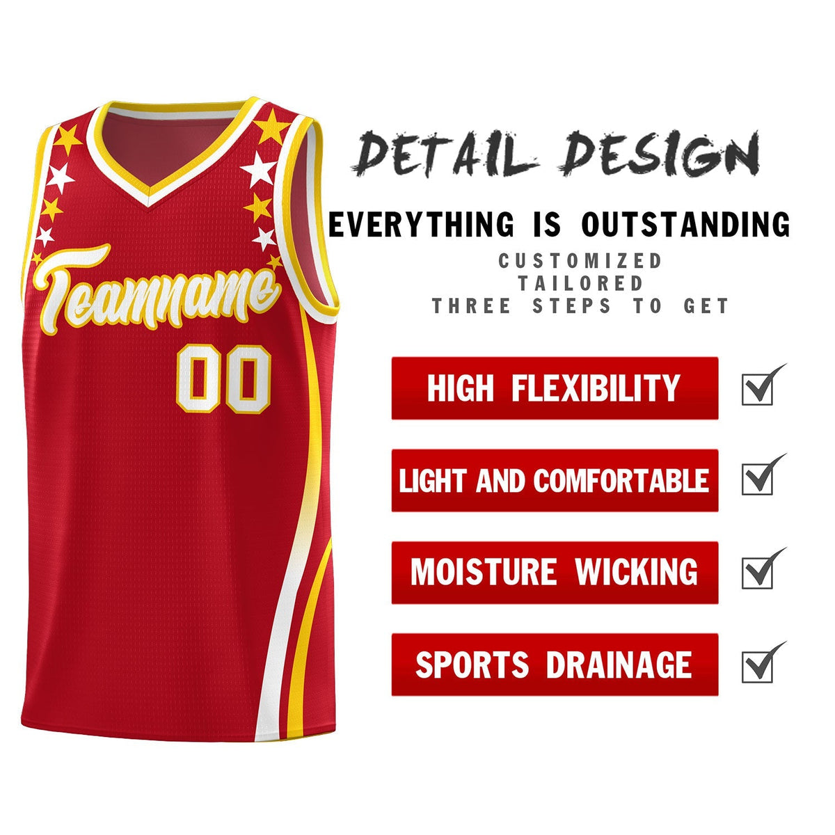 Custom Red Shoulders Star Pattern Side Color Block Sports Uniform Basketball Jersey|KXKSHOP